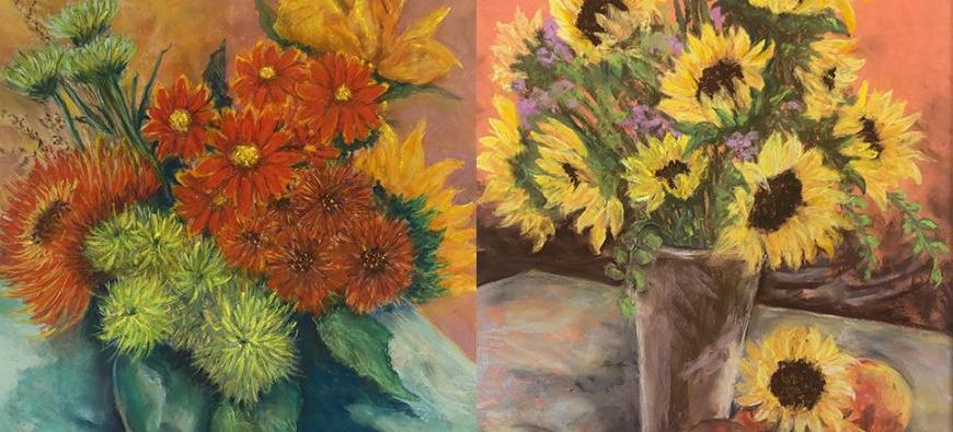 Paintings of sunflowers in a vase and peaches. Painting of orange, yellow, and green flowers, in a vase.